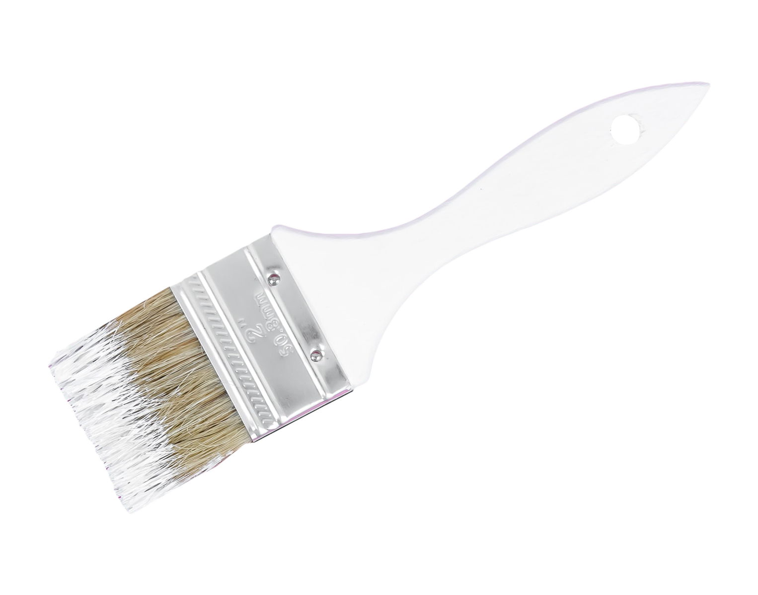 A paintbrush with a white handle and beige bristles.
