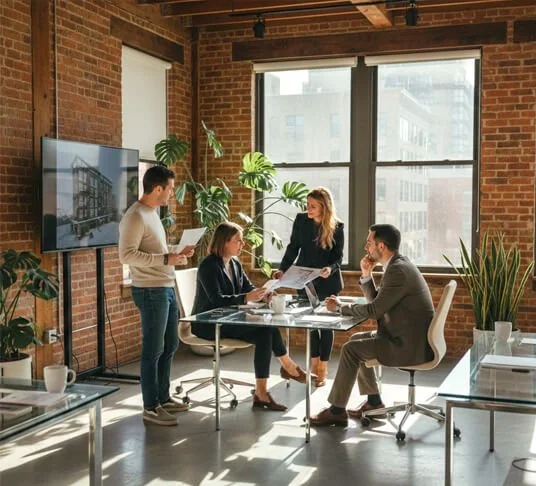 Four people in a modern office with brick walls and large windows, having a meeting around a glass table, with documents and a large monitor displaying a building image.