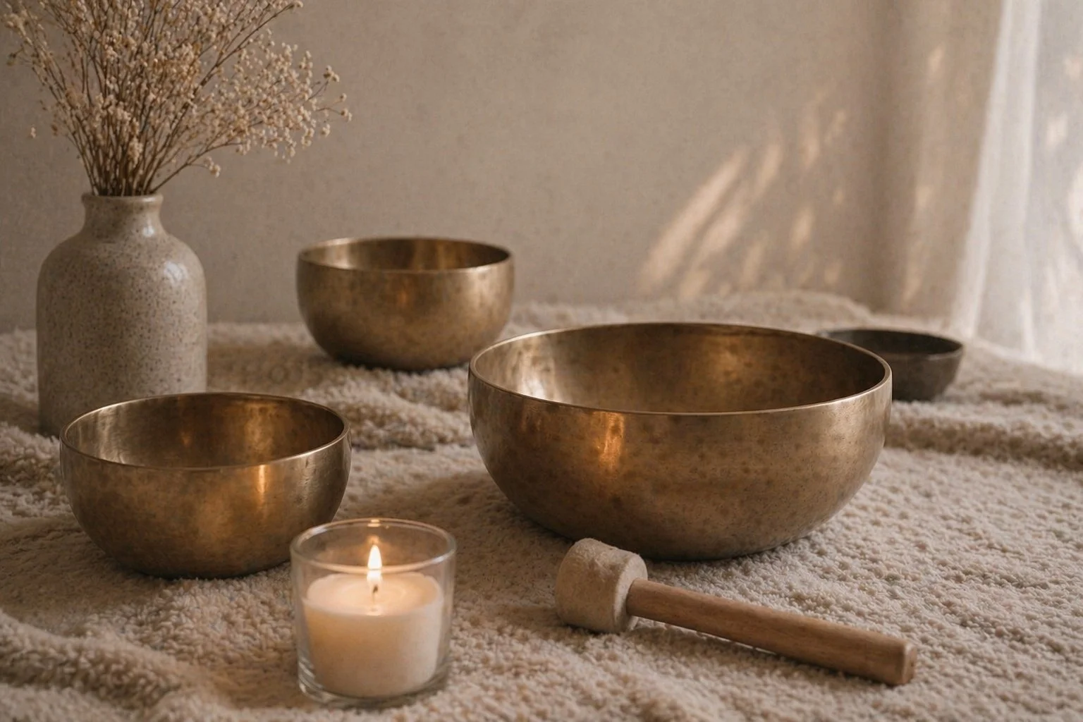 Crystal and Tibetan singing bowls and peaceful candlelit set up for nervous system reset, restore, and relaxation