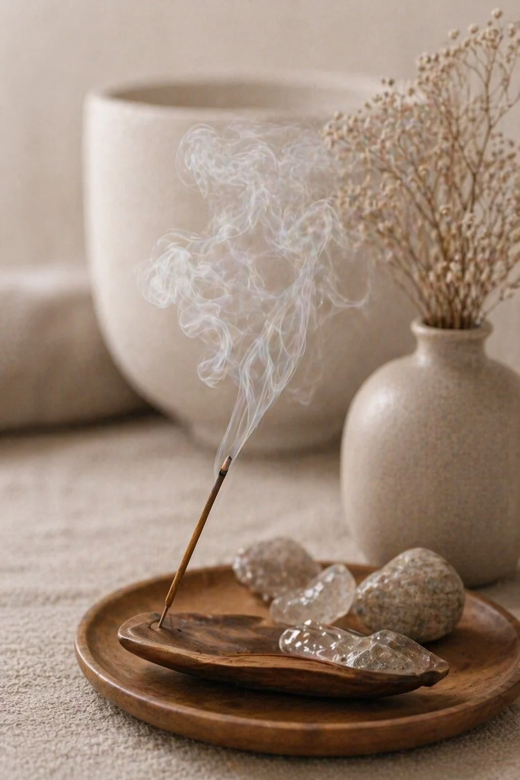 A wooden dish with crystals and a burning incense stick emitting smoke, with neutral-colored vases and dried flowers in the background.