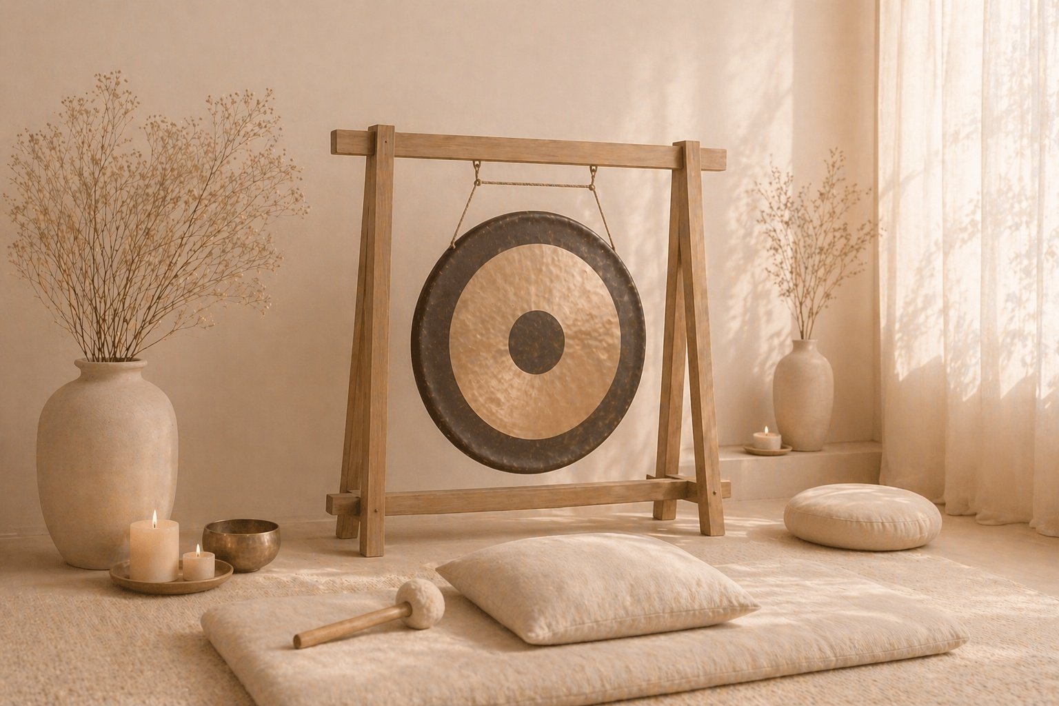 A serene indoor space with neutral tones, featuring a gong on a wooden stand, cushions, a mallet, candles, vases with dried branches, and sunlight filtering through curtains.