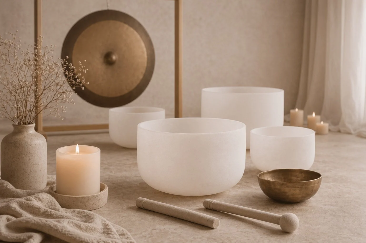 Serene indoor setting with large white singing bowls, a lit candle in a stone holder, porcelain mallets, a textured beige blanket, a vase with dried flowers, a decorative wall gong, and several candles on a neutral carpeted floor.