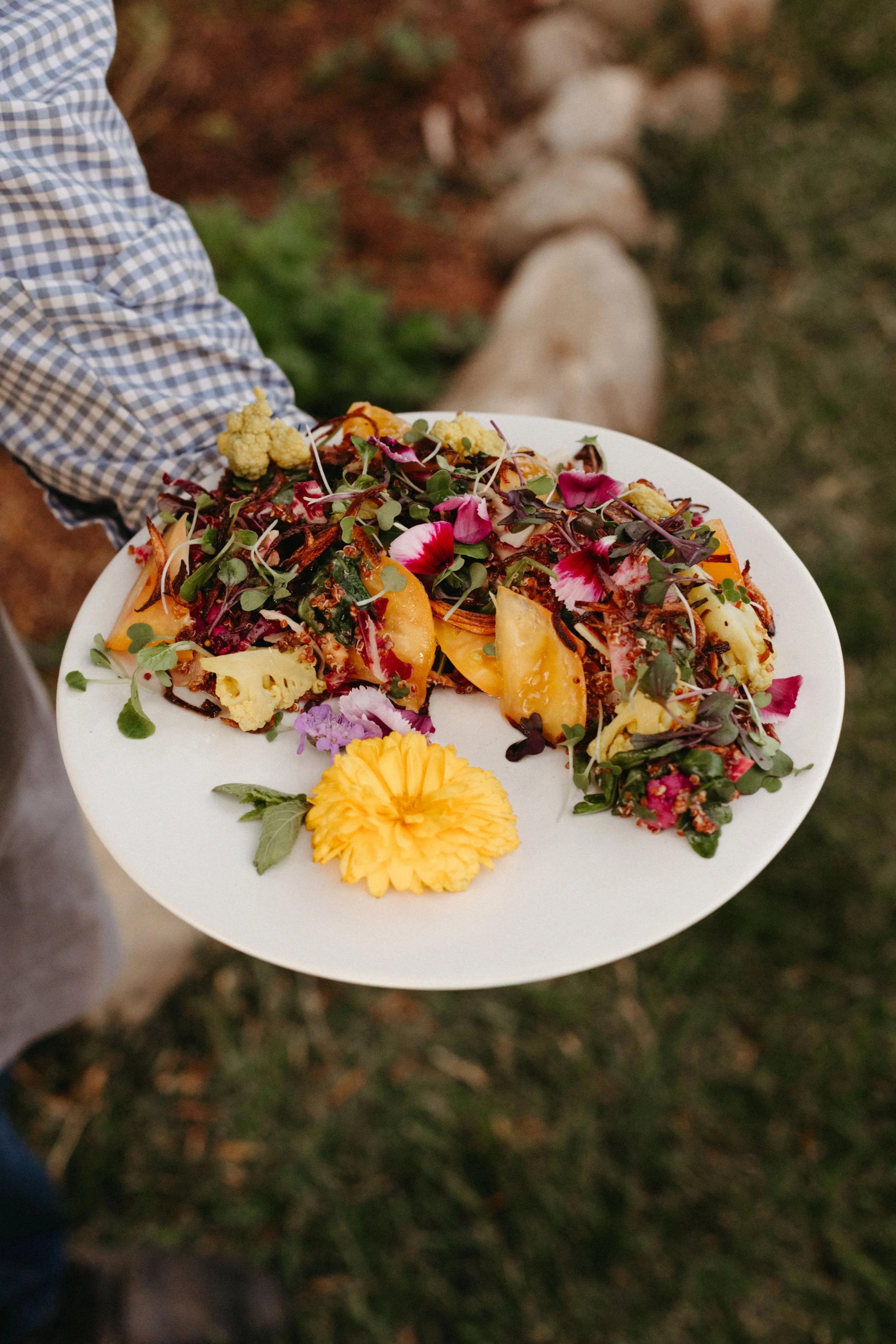 An Urban Organics staff member in a checkered shirt holding a white plate of salad with edible flowers, microgreens, cauliflower, and other vegetables, with a grassy outdoor background.