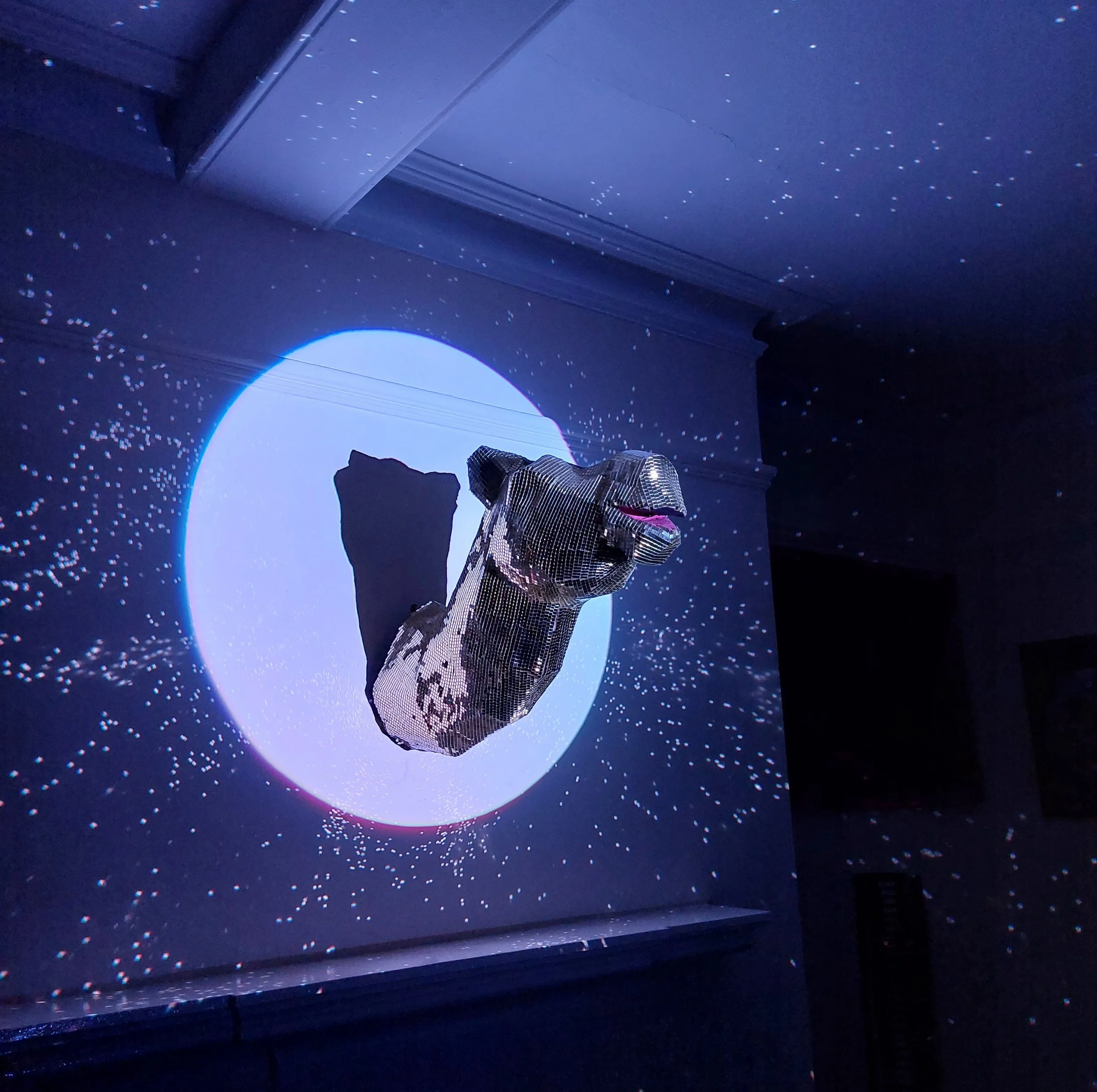 A starry night sky projected on a ceiling with a 3D mountain sculpture in the foreground.