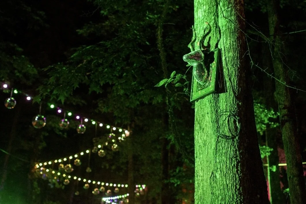 Night scene in the woods with string lights and disco balls, illuminated by green lights, and a mounted deer head on a tree