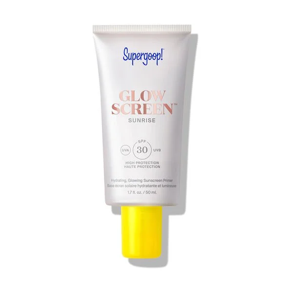 A white tube of Supergoop! Glow Screen sunscreen with SPF 30 and UVA/UVB protection, featuring a yellow cap, standing upright.