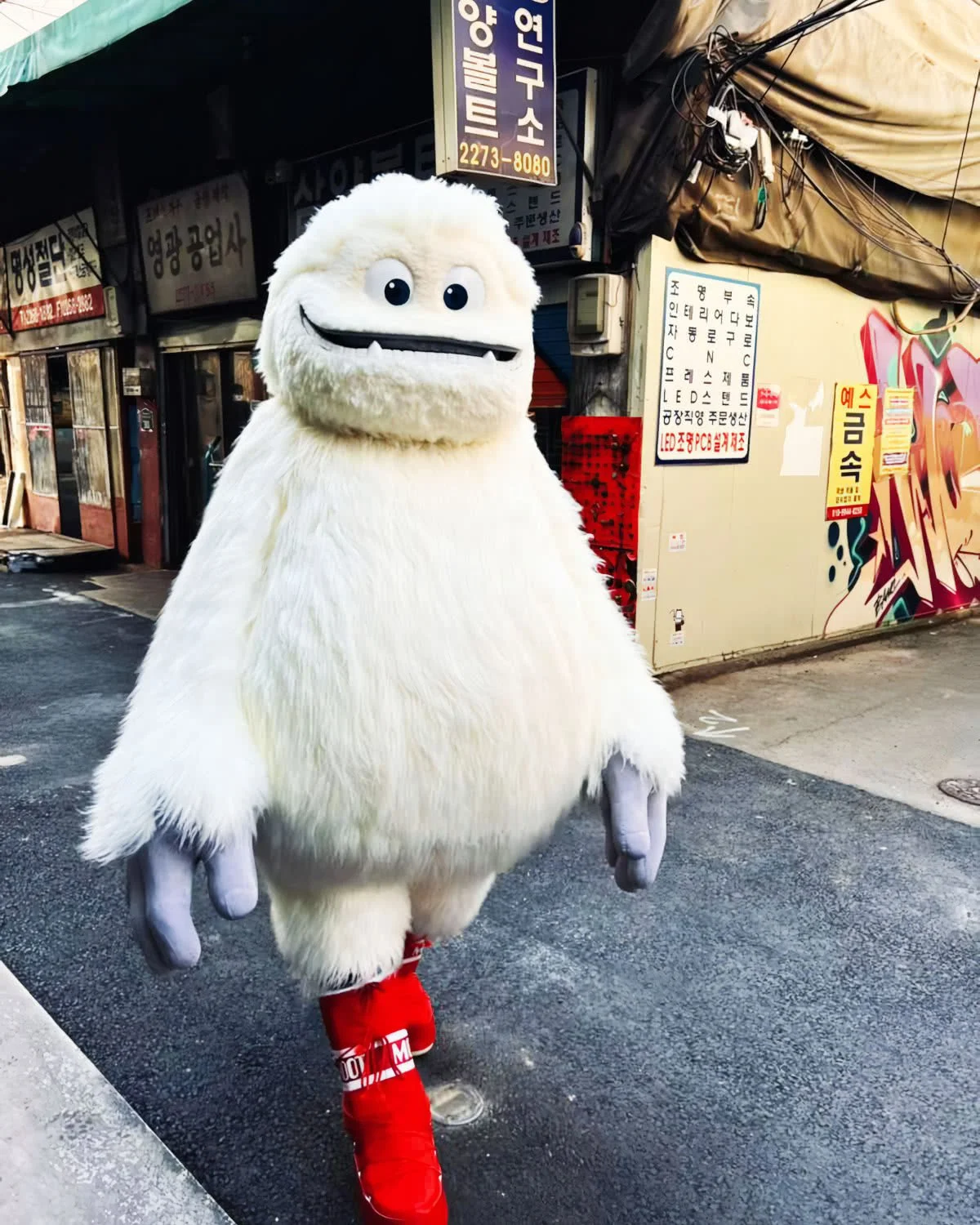 Person in a large, white, fluffy monster costume with cartoonish face, red boots, walking on city street at night, with shops and colorful graffiti in the background.