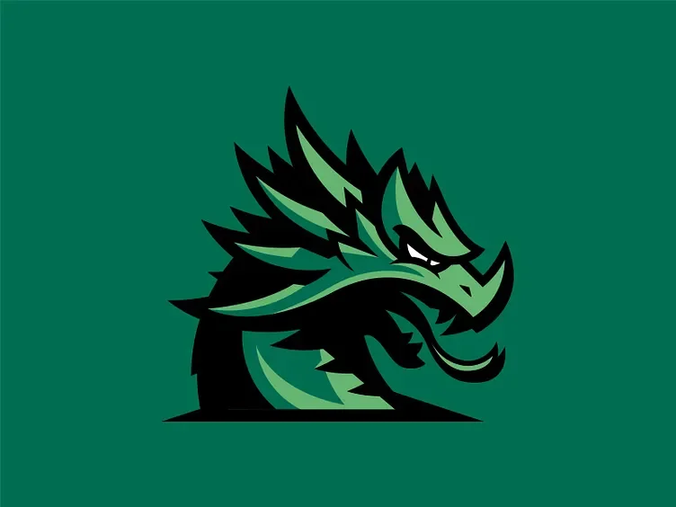 Stylized black and green dragon head logo on a dark green background.