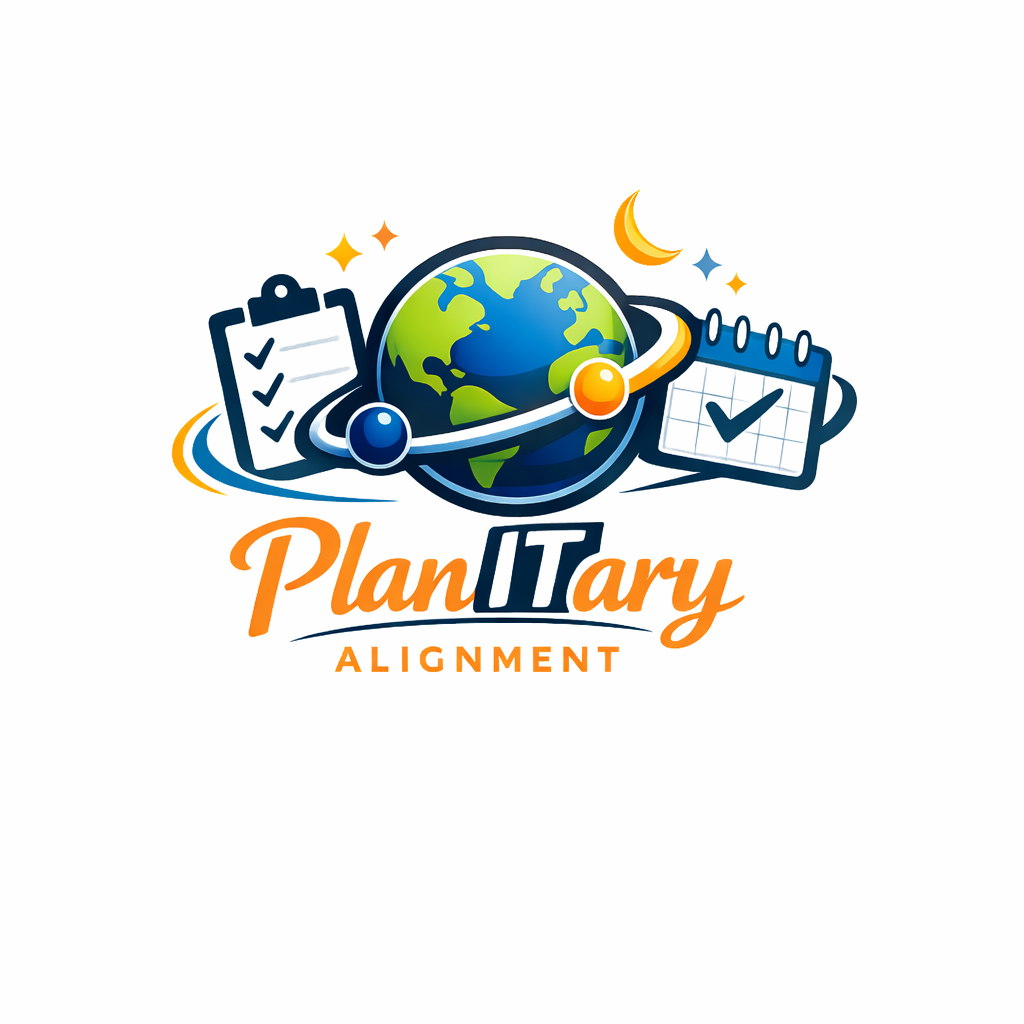 A colorful logo featuring a globe with orbiting planets, checklists on a clipboard and calendar, and the text 'PlanITary Alignment'.