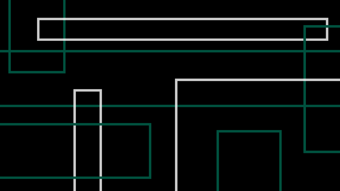 The image features an abstract pattern of overlapping rectangles and lines in shades of white, gray, and green on a black background.