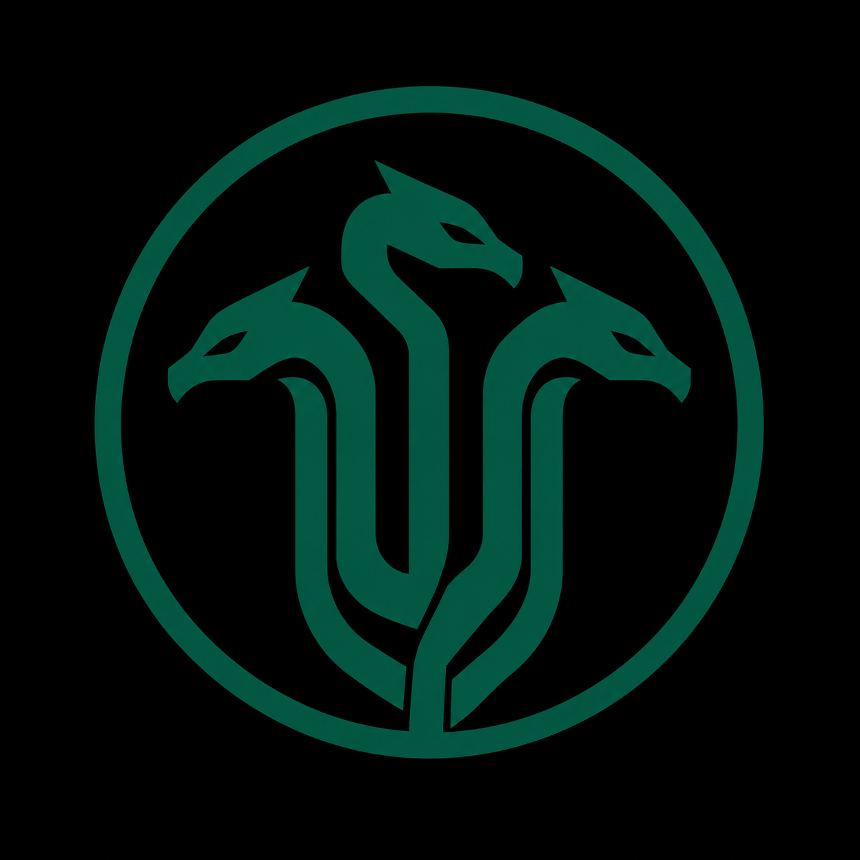 A circular logo featuring three stylized snake heads with elongated bodies, arranged in a symmetrical pattern and outlined in a dark green color on a black background.