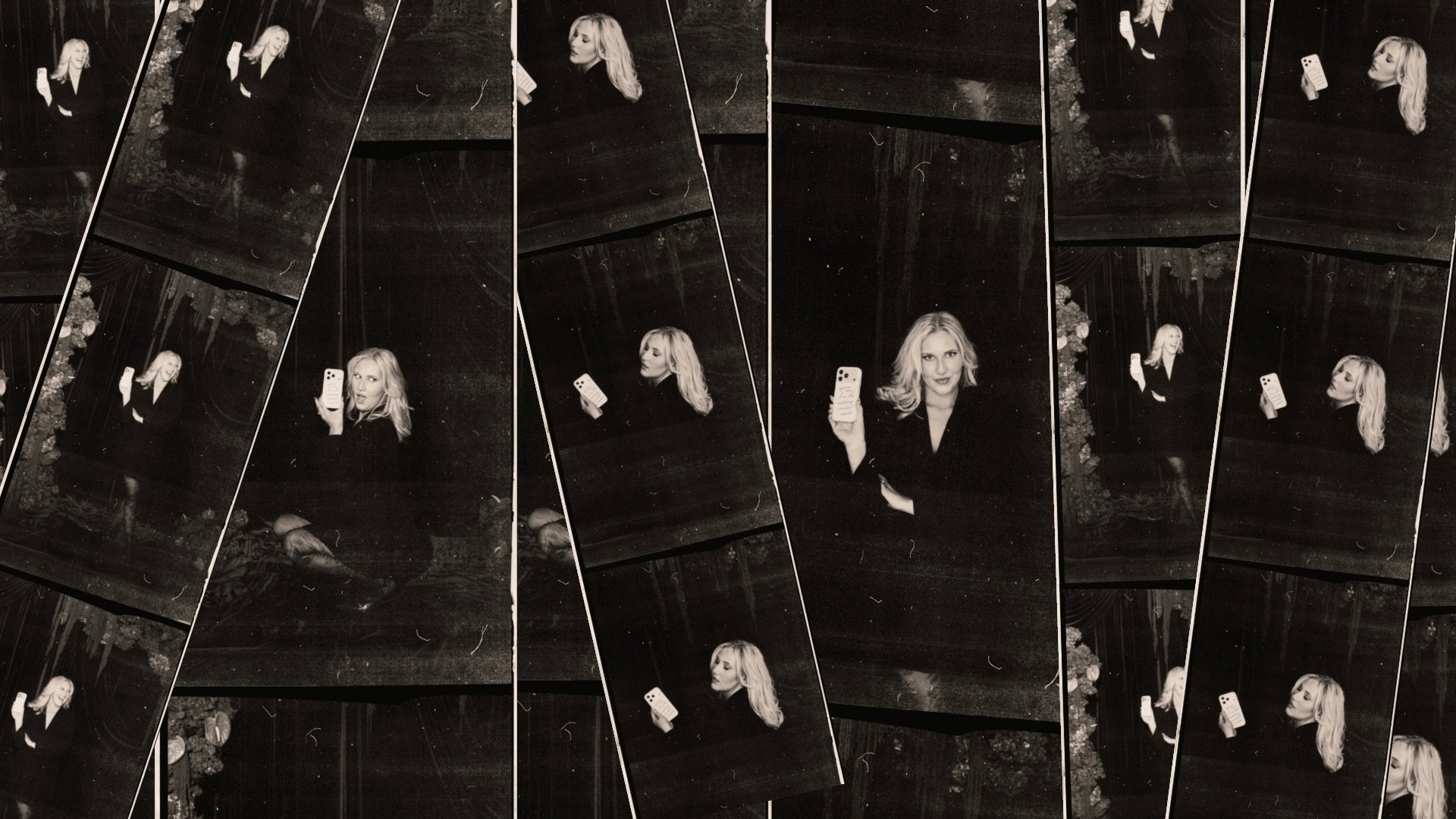 Multiple black and white photo strips of a blonde woman in a dark outfit, holding a smartphone, posing for the camera, with floral decorations in the background.