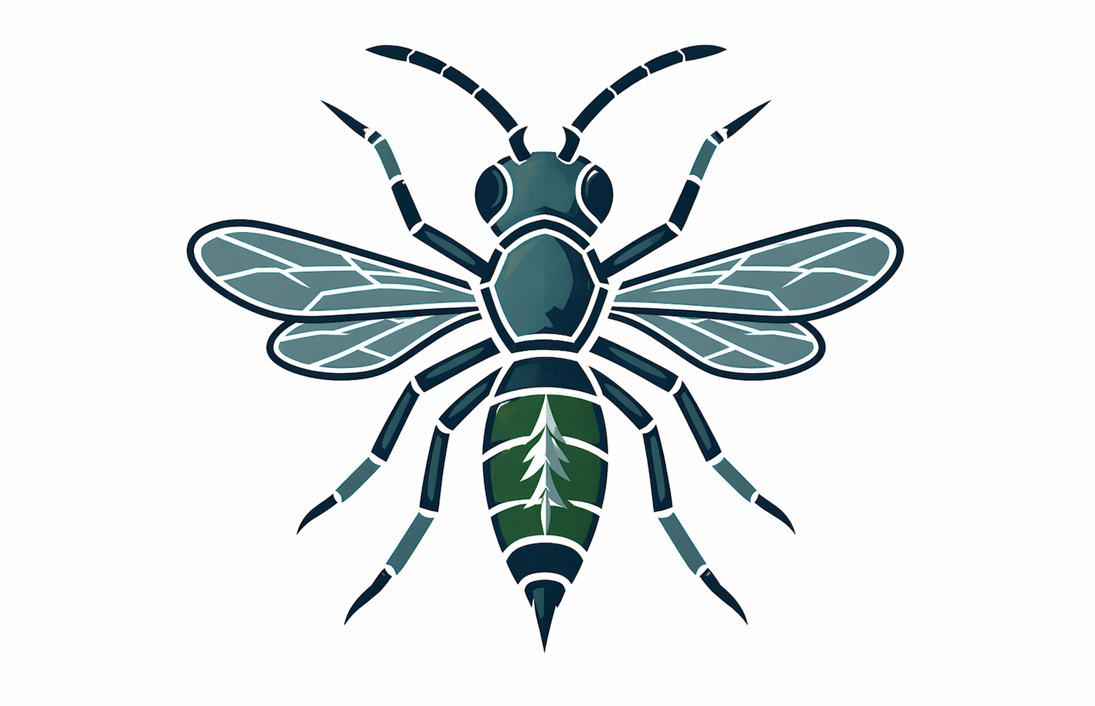 A stylized digital illustration of a bee with detailed wings, a segmented body, and antennae, featuring shades of blue, green, and teal.