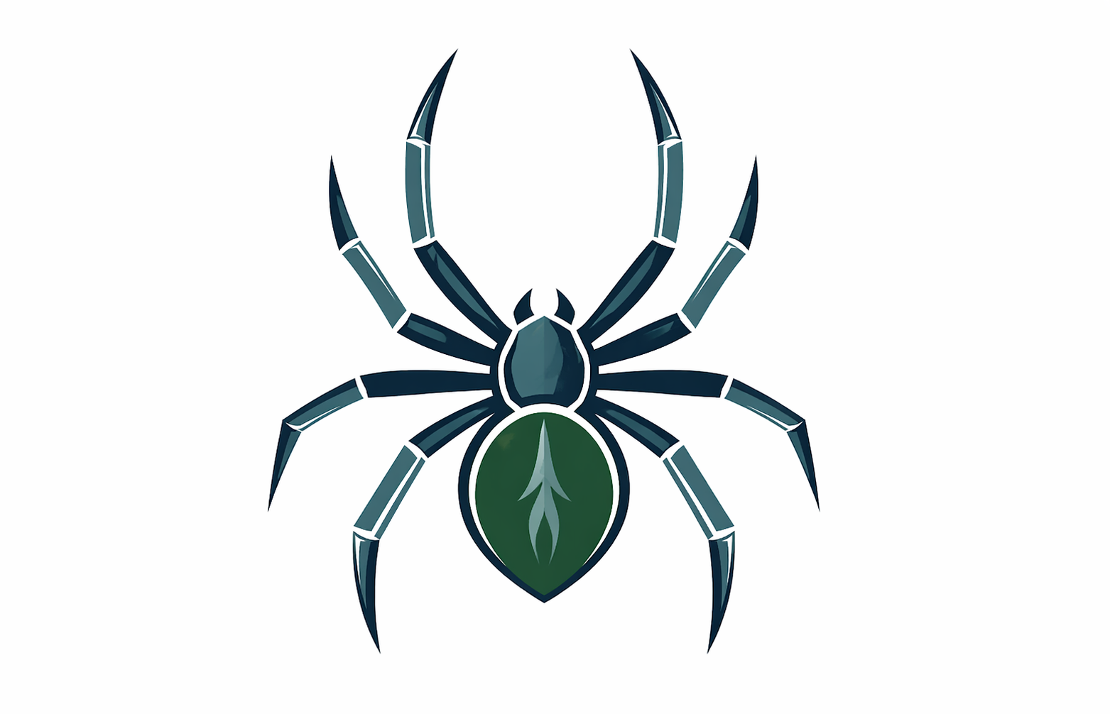 Stylized illustration of a spider with a dark blue body and green abdomen, set against a white background.