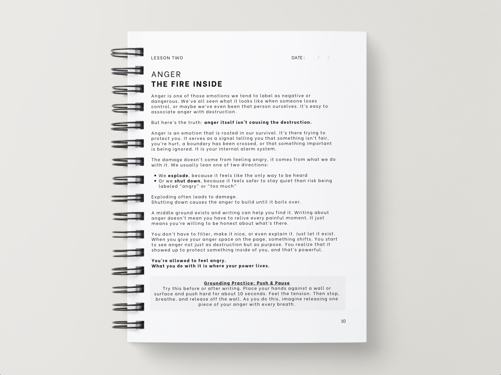 Structured journaling page with lessons and grounding activities.