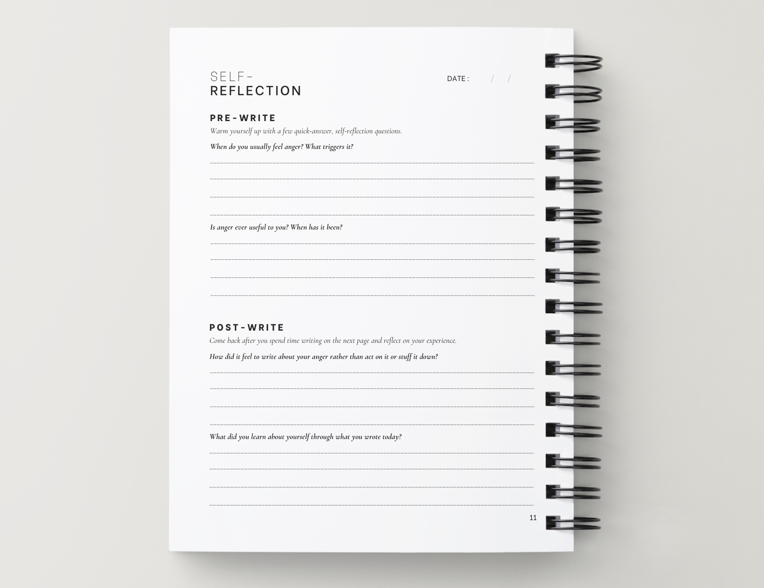 Structured journaling page with guided prompts and writing space