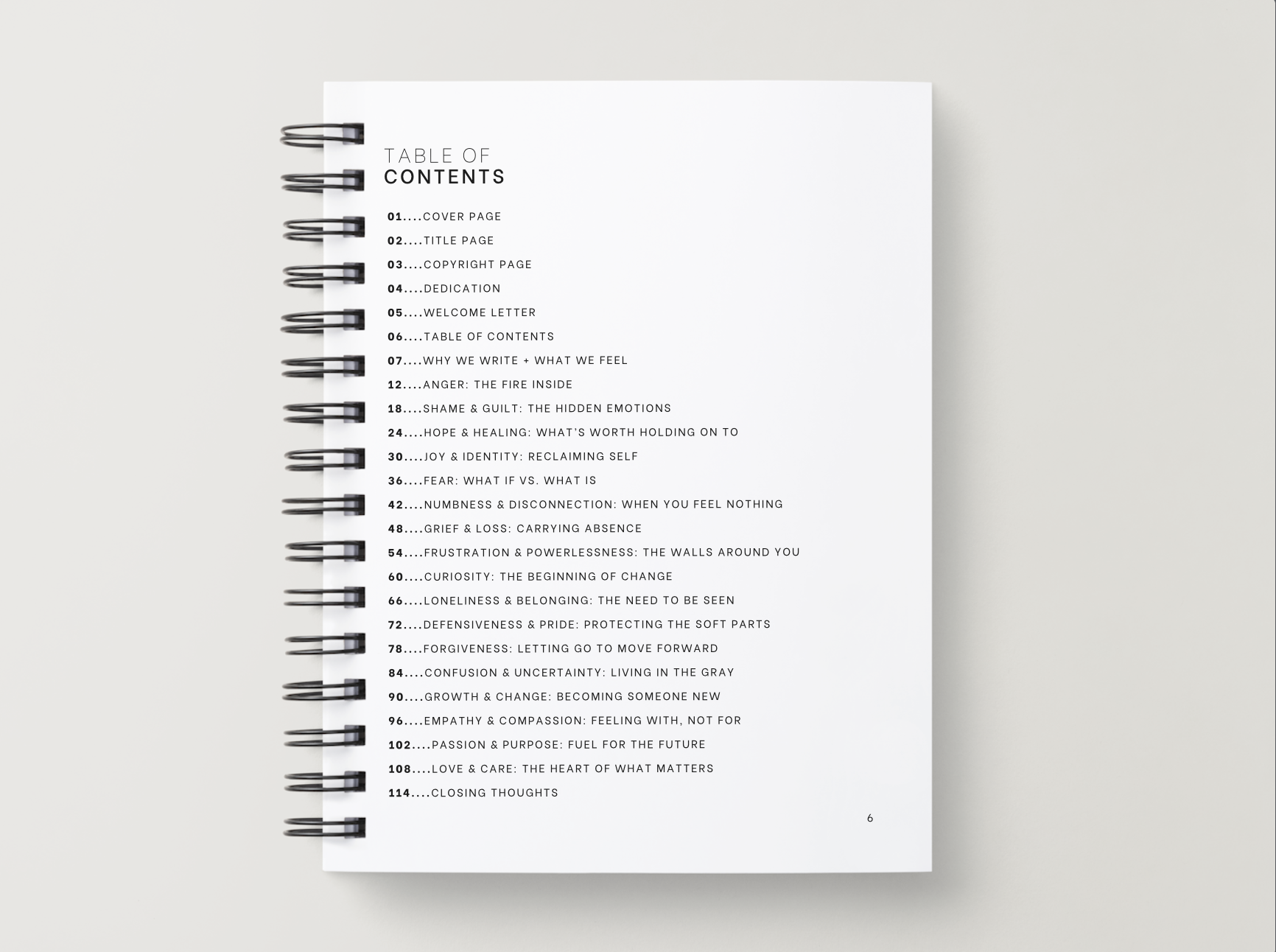 Structured journaling page with table of contents.