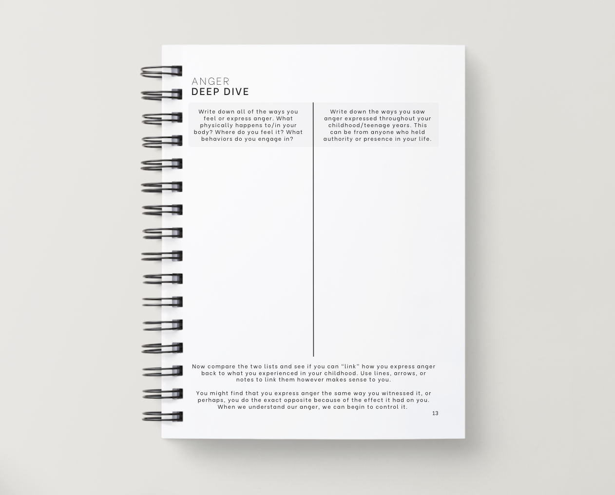 Structured journaling page with lessons and grounding activities.