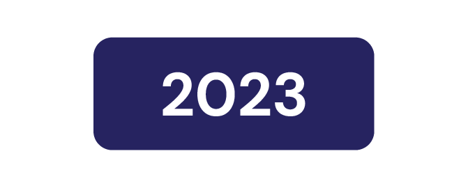 Blue rectangle with rounded corners displaying the year '2023' in white text.