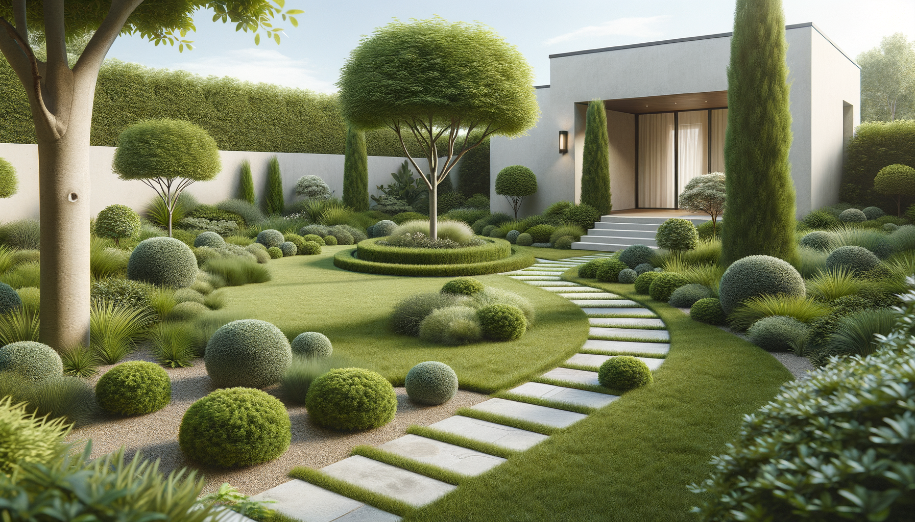 A modern backyard garden with a mix of rounded shrubs, tall cypress trees, and a central tree with a broad canopy. Stone steps lead up to a house with a white exterior and large glass doors, surrounded by lush greenery and a tall hedge in the background.