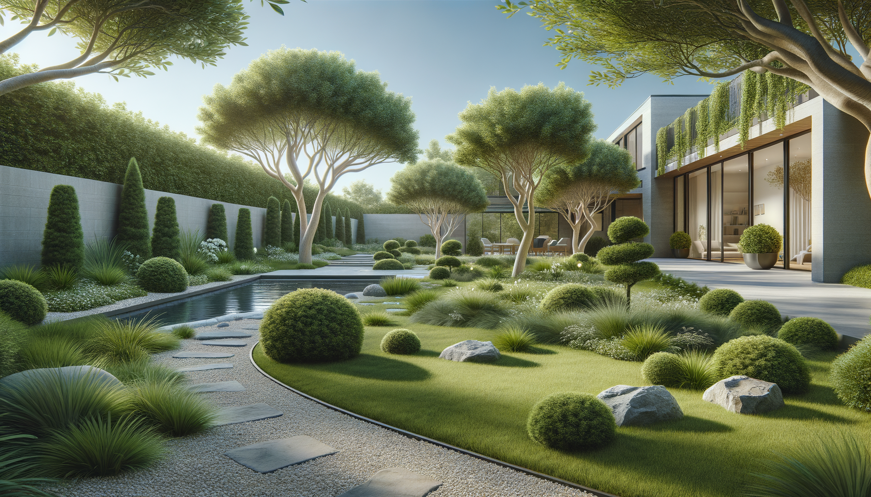 Modern backyard garden with curved pathway, green grass, shrubs, decorative rocks, tall trees, and a modern house with outdoor seating area and large glass sliding doors.