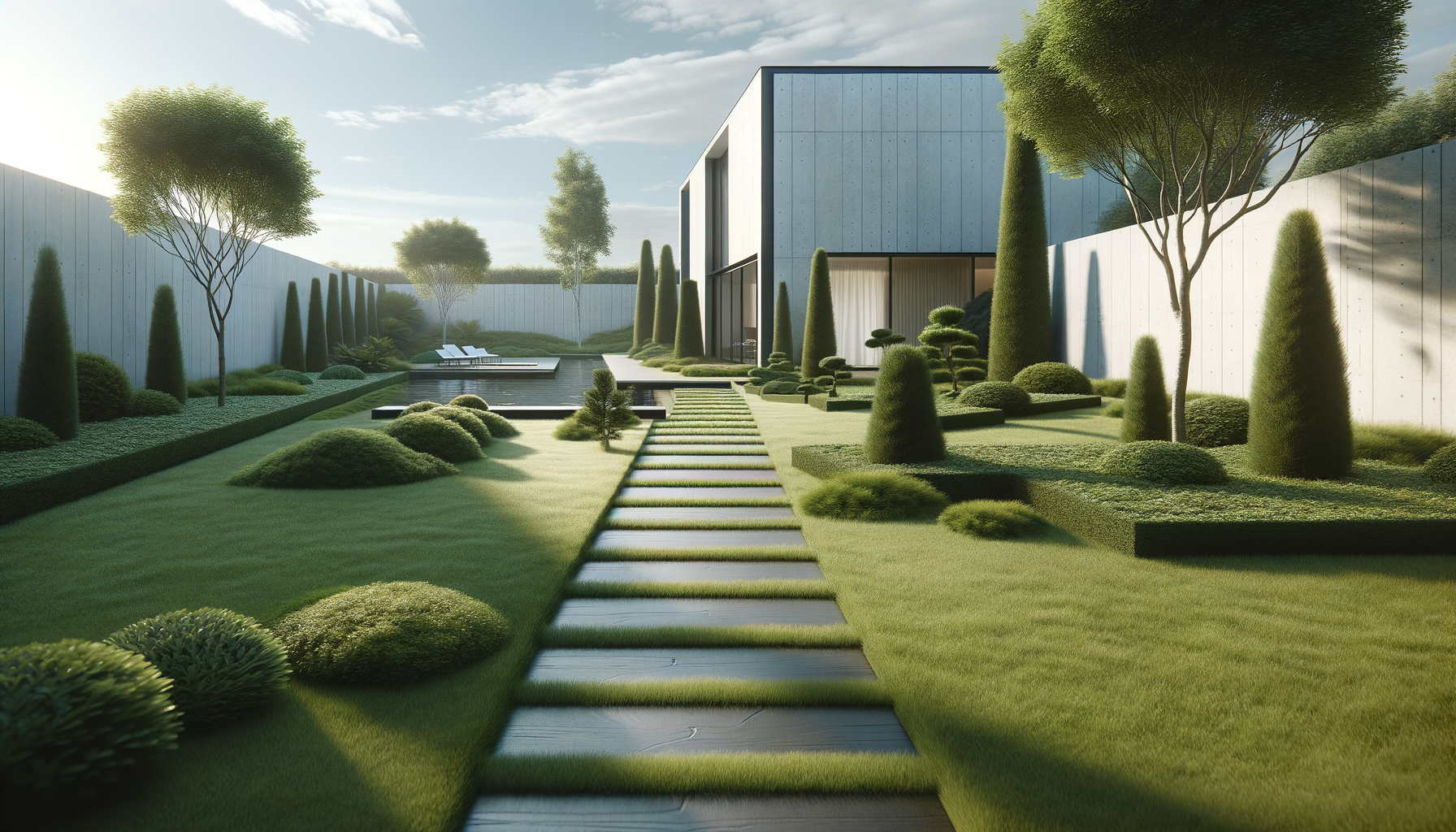 Modern backyard with a pathway, manicured bushes, trees, a water feature, and a contemporary house with large glass windows.