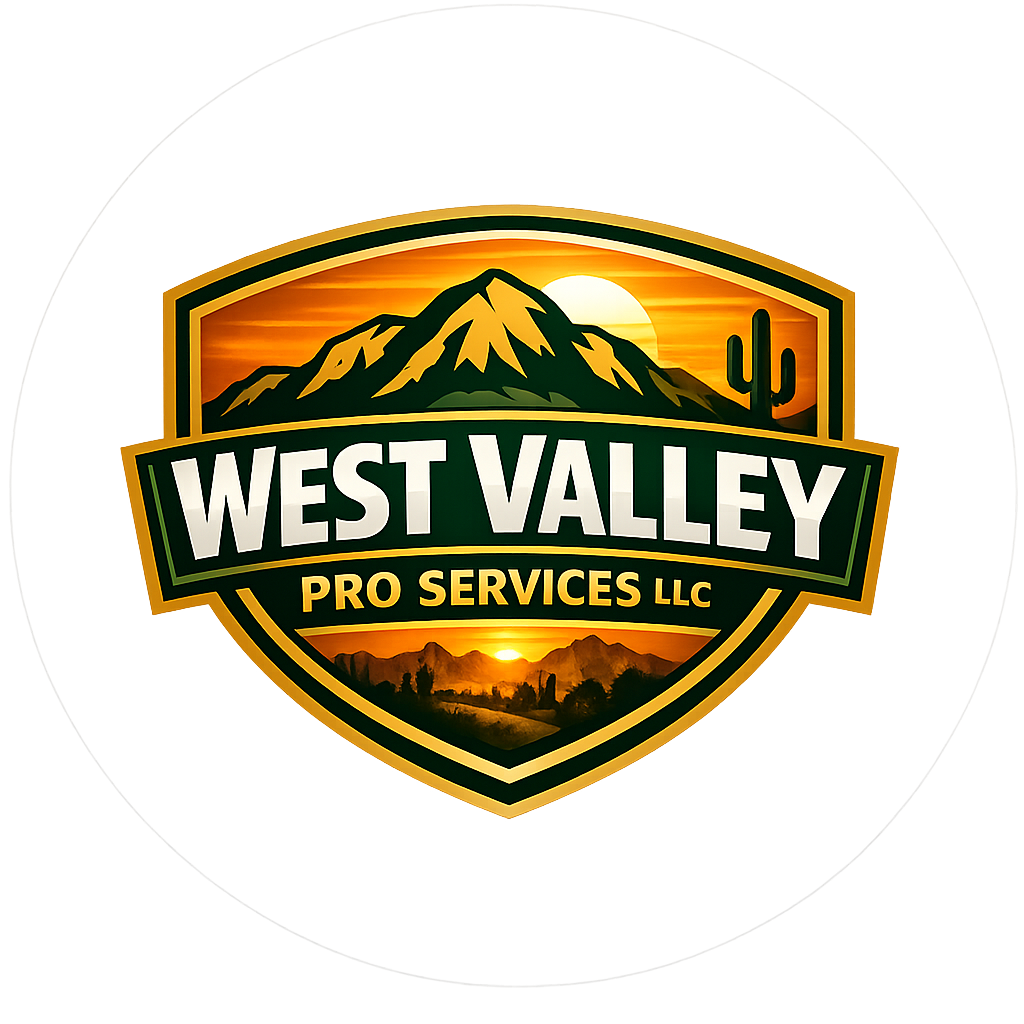 Logo for West Valley Pro Services LLC featuring a mountain, cactus, and sunset.