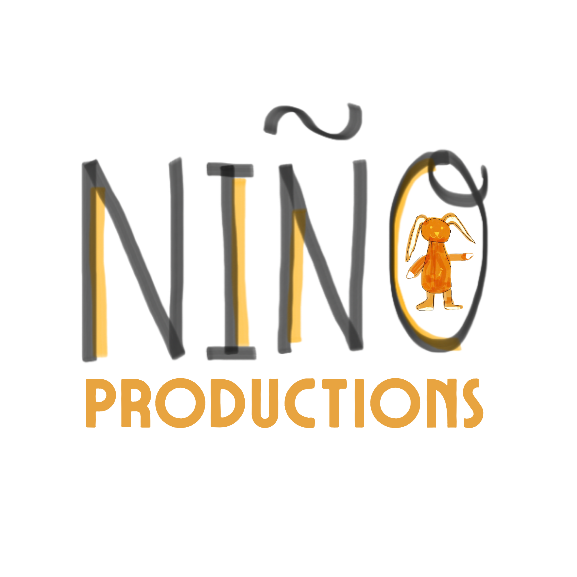 A logo  in orange and black letters, and an illustration of an orange rabbit with a playful expression.