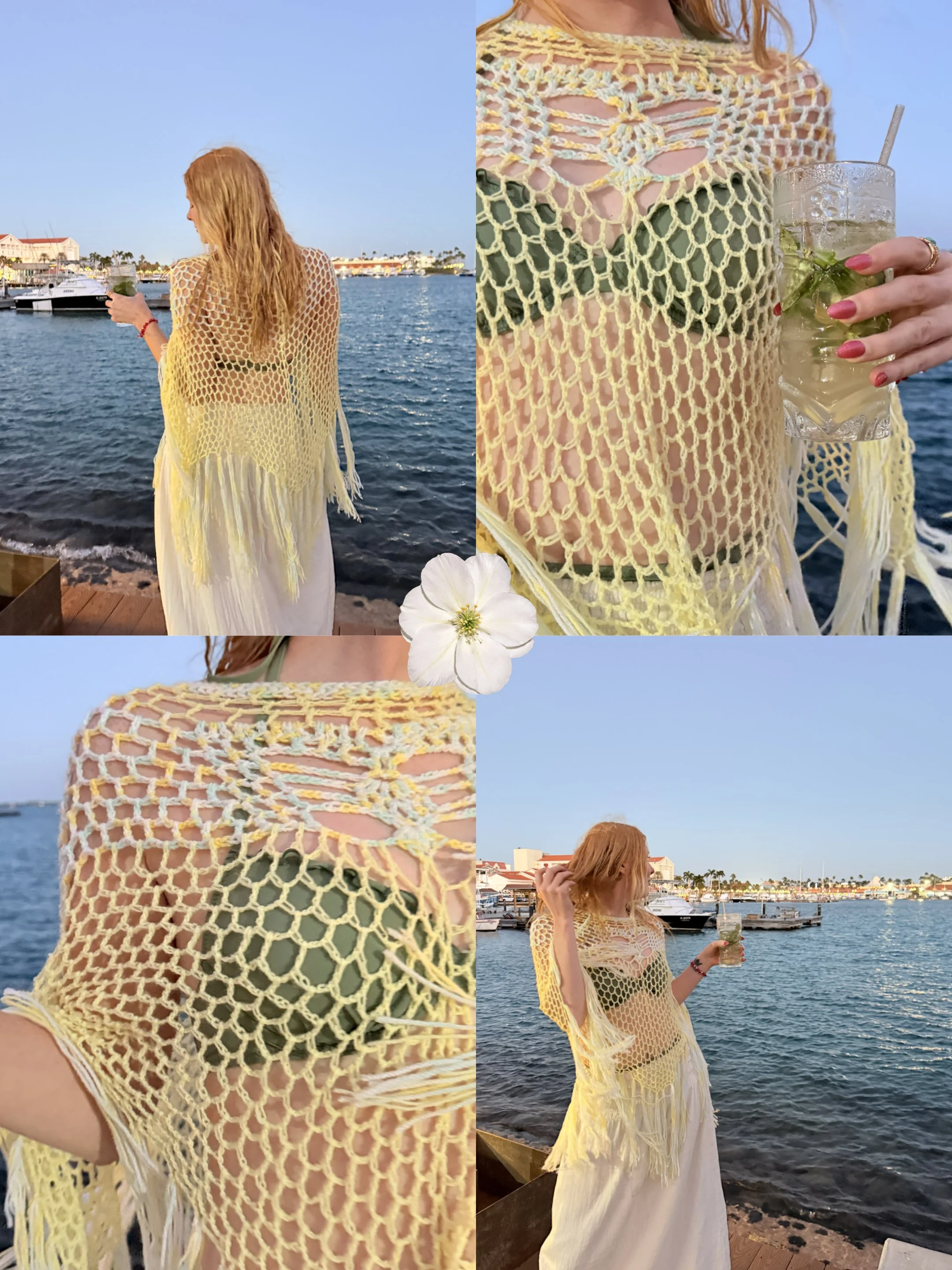 Collage of a pale yellow crochet poncho worn as a beach cover-up by the water