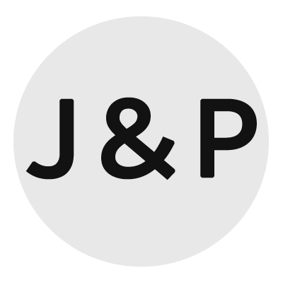 Logo with J & P in black on a light gray circular background.