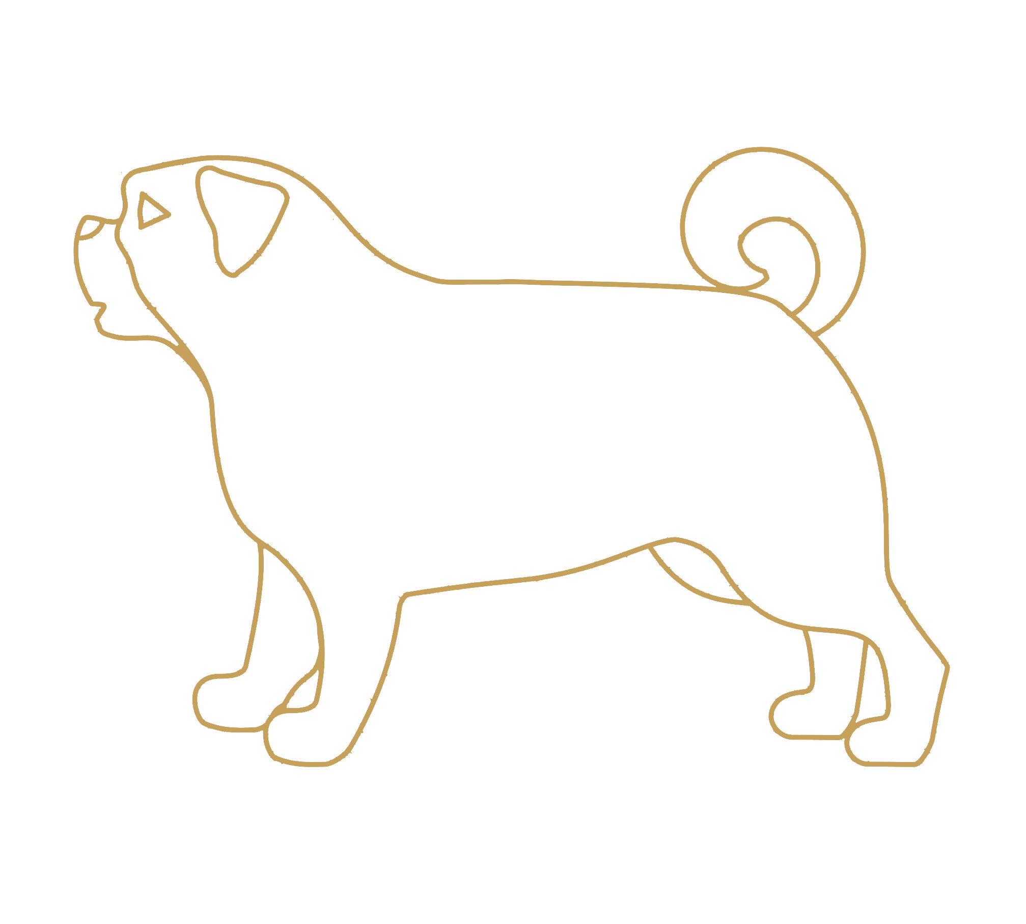 Minimalist line drawing of a sitting dog facing left, colored in gold on a black background.