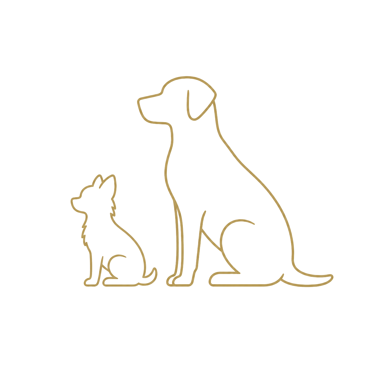 Minimalist gold outline of a small dog and a larger dog sitting side by side, with the larger dog on the right and the smaller dog on the left.