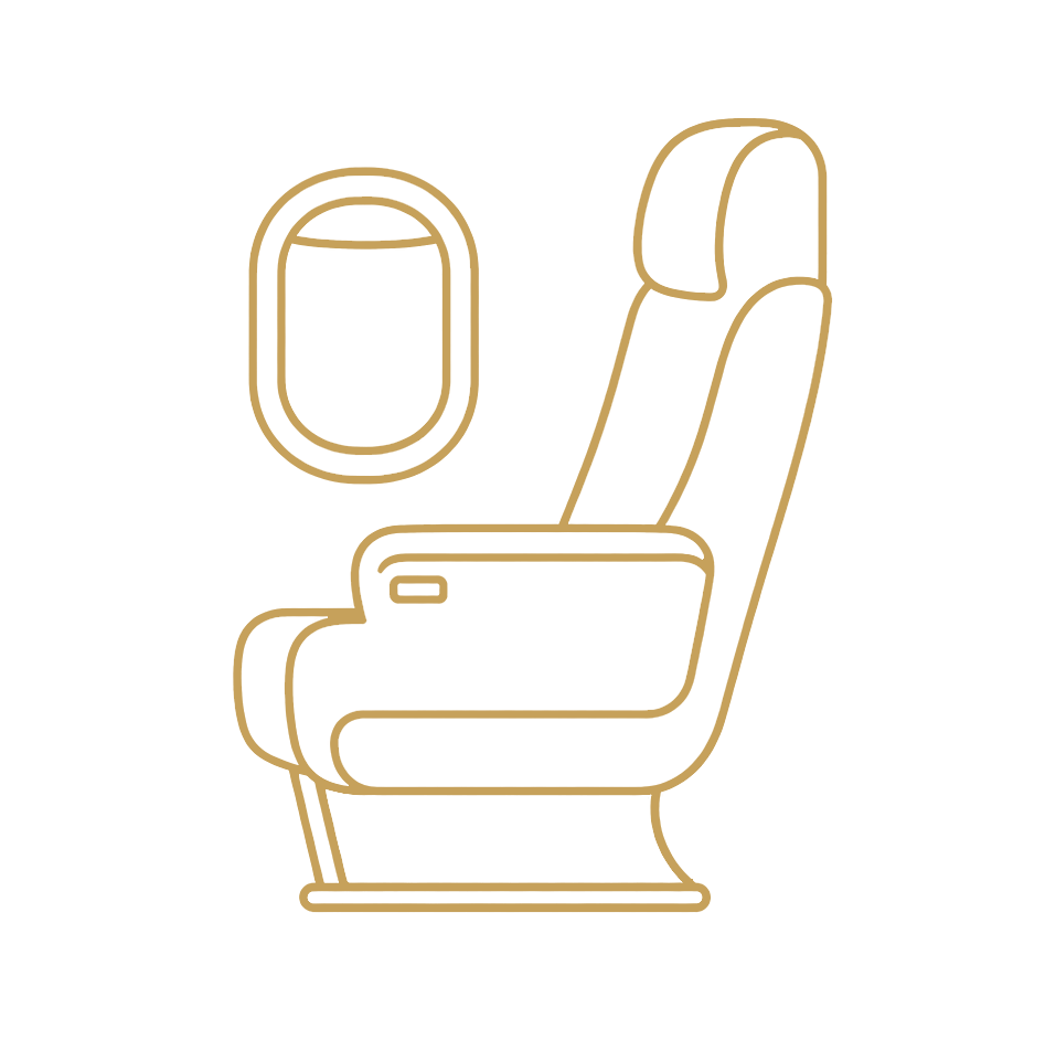 Gold outline of an airplane seat with an overhead window against a black background.