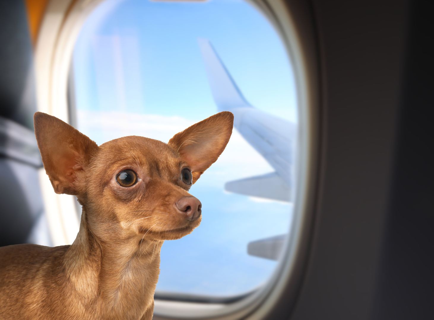 A small brown dog with large ears looking out of an airplane window during flight. The airplane wing and blue sky are visible outside.