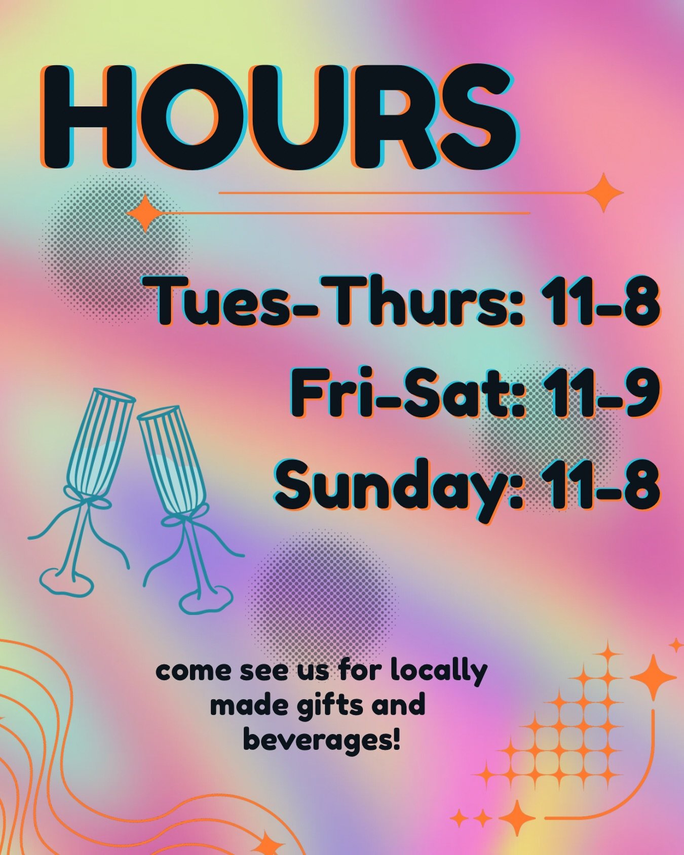 Trying out some new hours this week! Come by to see us and shop from an array of goods hand crafted by local creators, and grab a pint or glass of wine while you&rsquo;re looking around! We&rsquo;ve got beer, wine, and NA options to carry home as wel