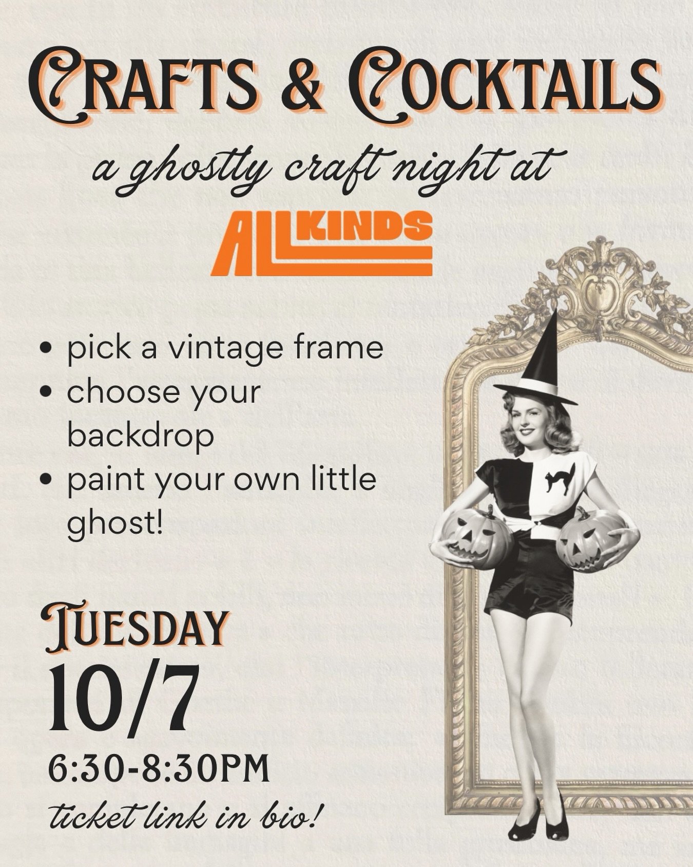 Join us on Tuesday for a spooky season crafting event held by @cherrybomb.social 👻

Link to tickets is in our bio - price includes your supplies, backdrop, and cool vintage frame! 

Come get crafty, meet new friends, and grab a drink while you&rsquo