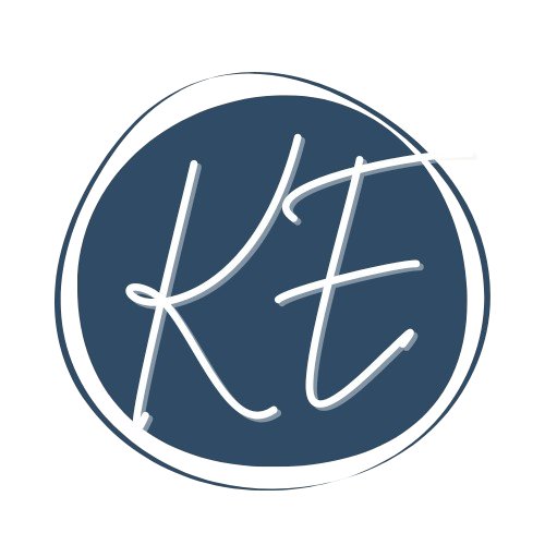 A circular logo with the initials "K" and "E" written in white script on a dark blue background.