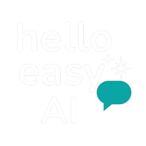 Text reading 'hello easy AI' with a star and speech bubble icon on a black background.