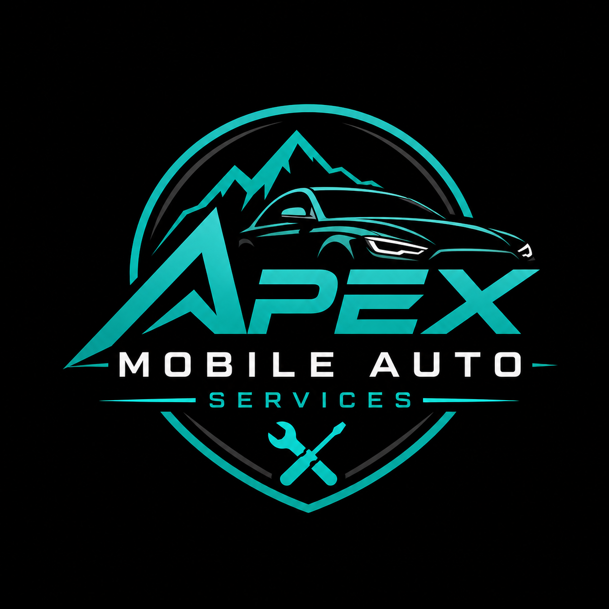 Logo for Apex Mobile Auto Services featuring a stylized car, mountains, and tools