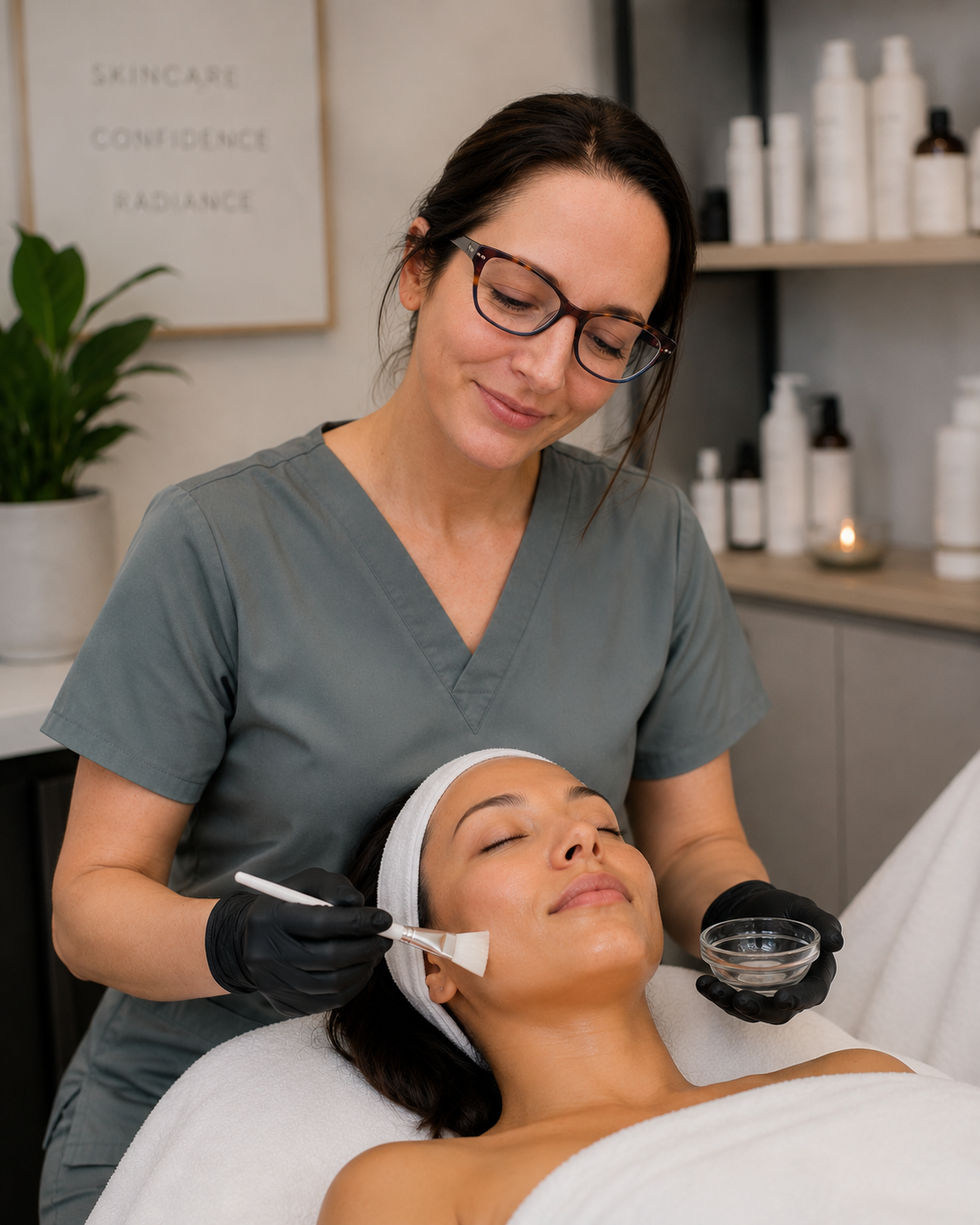 A woman lies on a treatment bed with her eyes closed, receiving a facial treatment from a skincare professional. The professional, wearing glasses and black gloves, is applying a skincare product with a brush. The setting appears to be a spa or skincare clinic, with shelves of skincare bottles and a plant in the background.