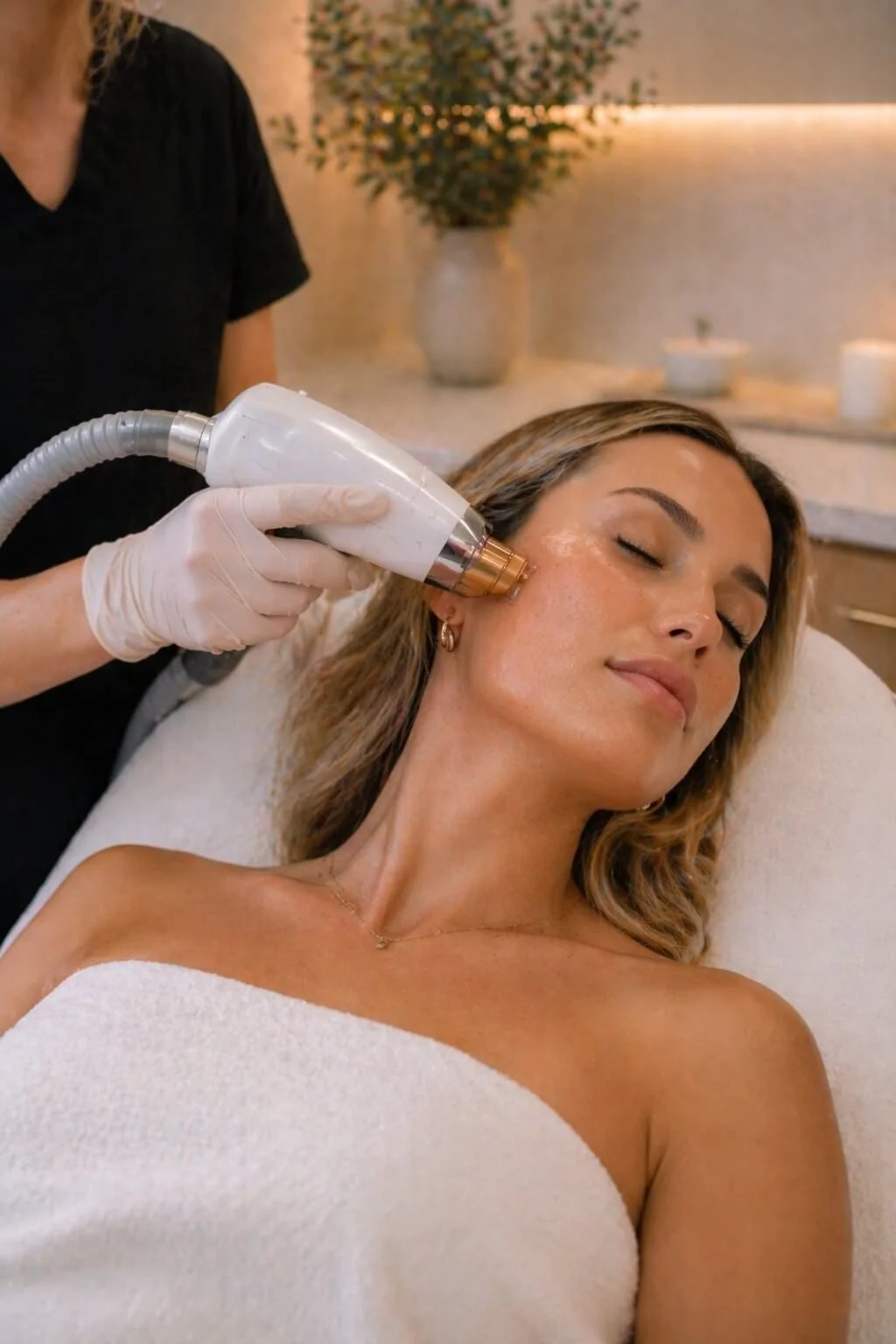 Woman receiving a facial treatment with a handheld device in a spa setting.