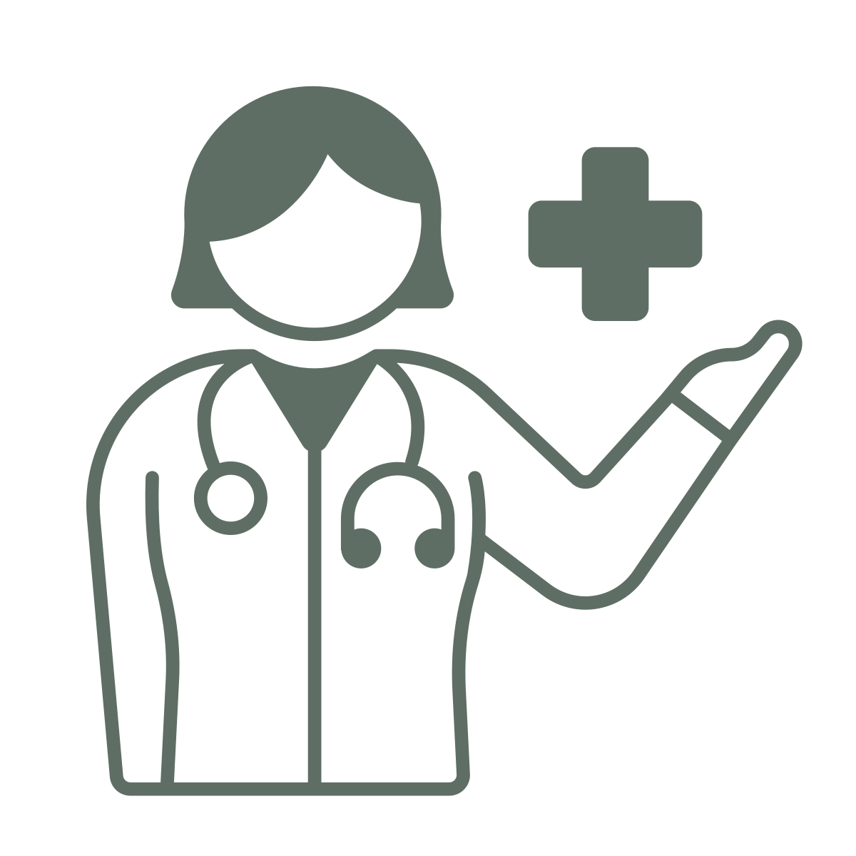 Icon of a female healthcare professional with a stethoscope around her neck and a medical cross symbol nearby.