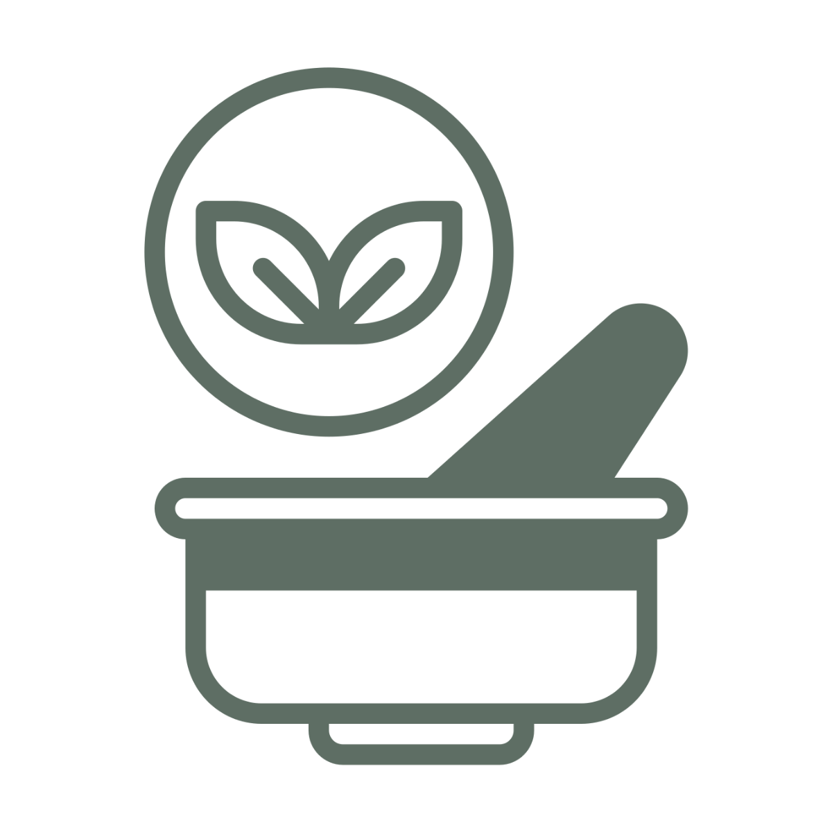 Line drawing of a mortar and pestle with a plant inside a circular container above it.