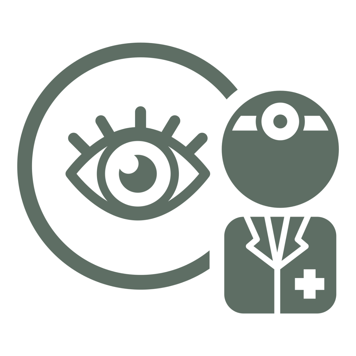 Graphic of an eye with a broken gear in the iris, a circular progress indicator, and a person with a head resembling a medical or scientific instrument in a lab coat with a cross emblem.