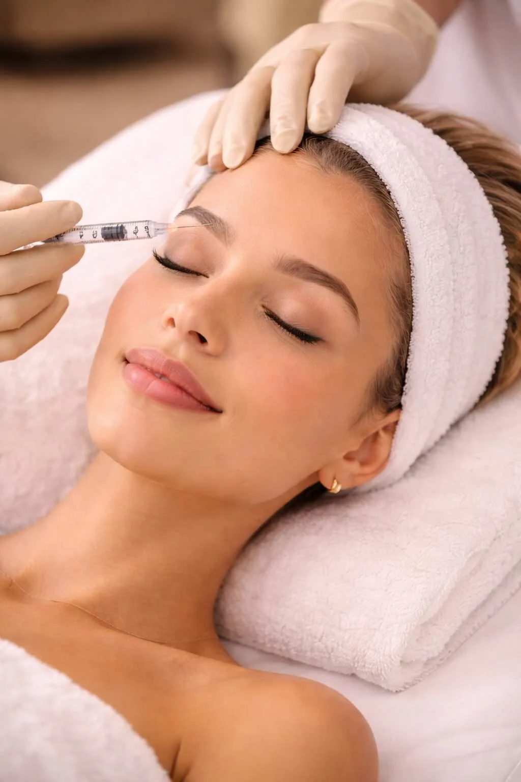 A woman with a towel on her head and earrings is receiving a cosmetic injection in her forehead from a medical professional wearing gloves.