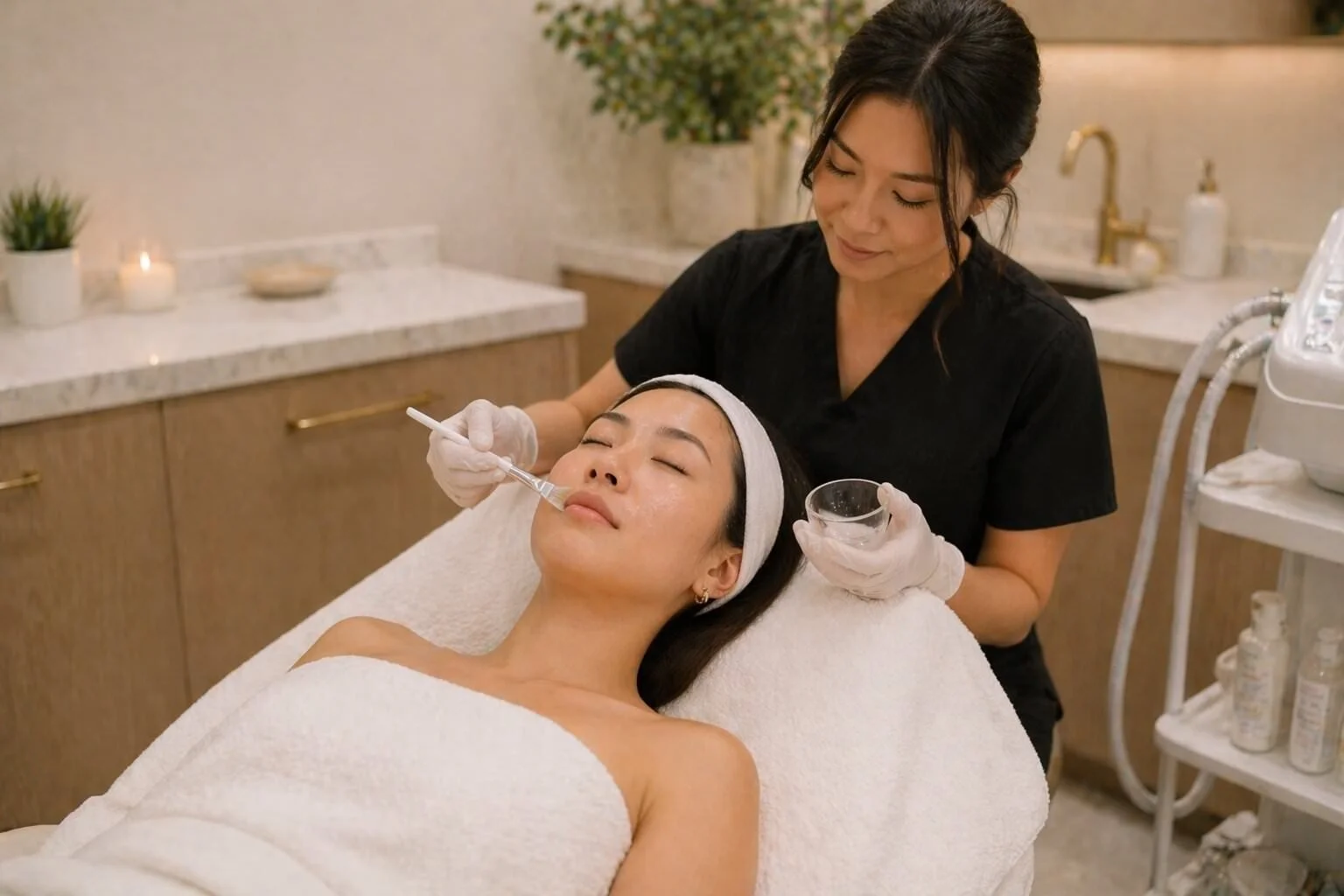 Licensed esthetician performing a chemical peel facial at Injections & Co. in Sarasota