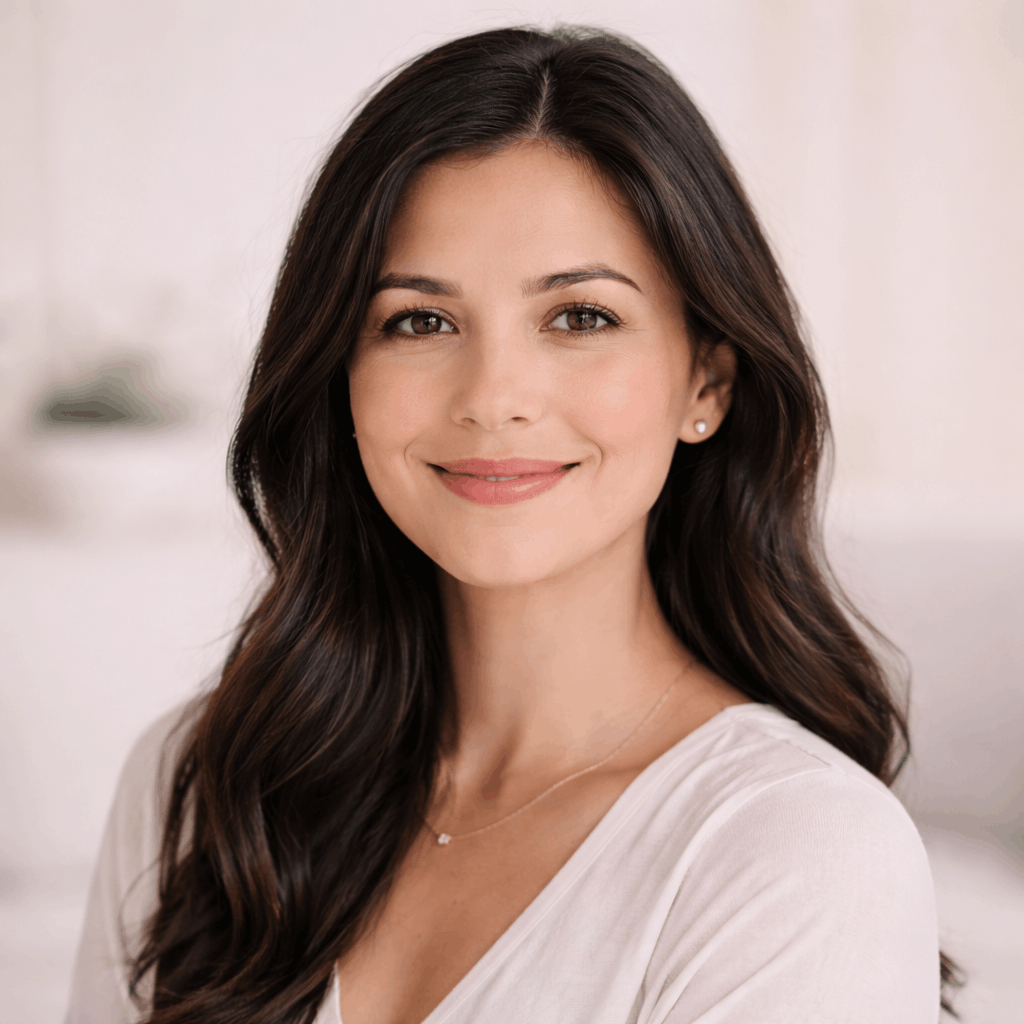 A portrait of a young woman with long dark hair, smiling, in a white top, with a blurred indoor background.