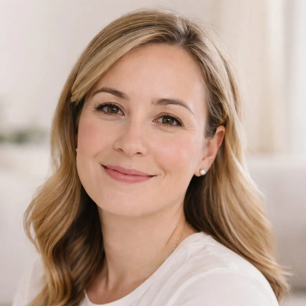 Close-up portrait of a smiling woman with light brown hair, wearing pearl earrings, in a bright indoor setting.