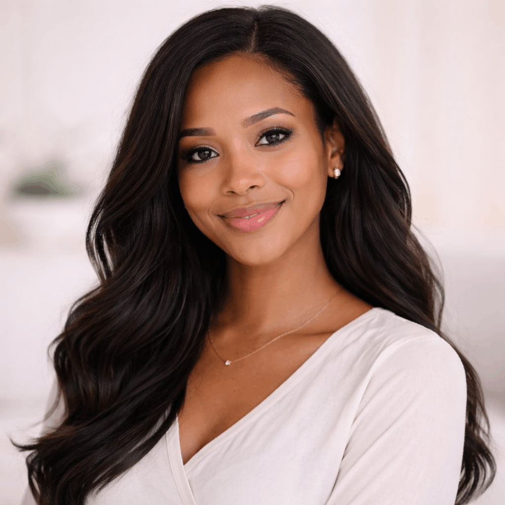 Portrait of a young woman with long, dark wavy hair, smiling and wearing a white top and earrings.