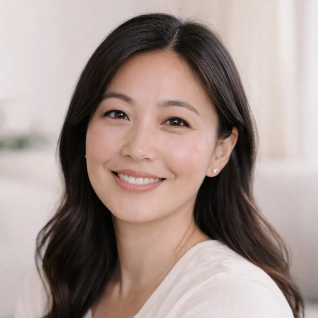 Close-up of a smiling woman with dark hair, wearing a white top and pearl earrings, in a softly lit indoor setting.
